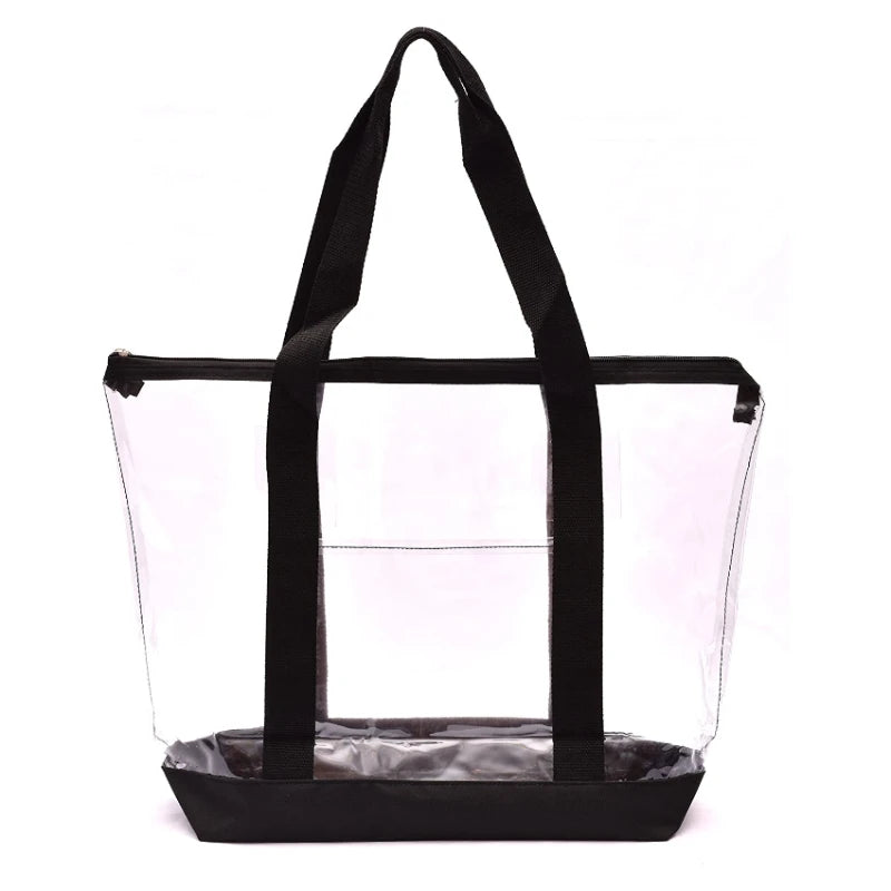 Transparent PVC Tote Bag with Zipper Closure Fashionable Clear Vinyl Handbag for Outdoor Beach Stadium Events Shopping