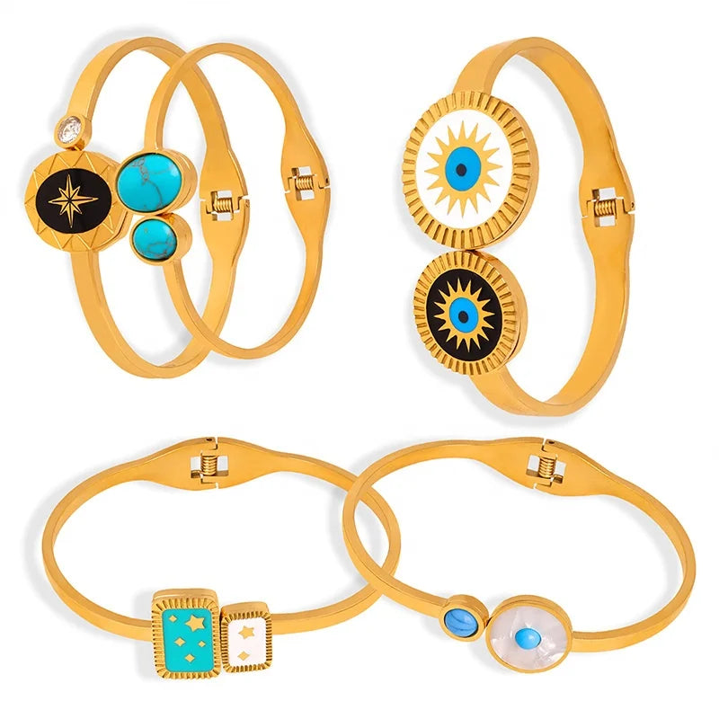 Wholesale Fashion Natural Stone Mother-of-pearl Inlaid Round Plate Match Stainless Steel Bangle