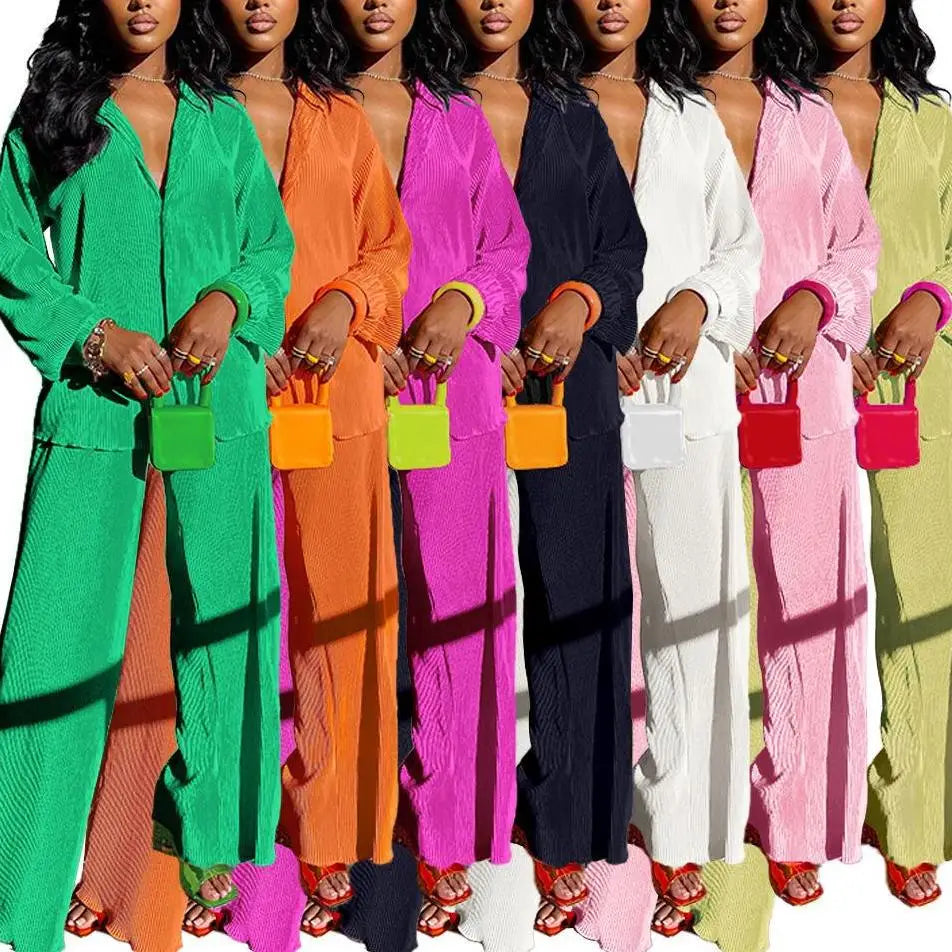 Women's Tracksuit Two Piece Sets Loose Long Sleeve Shirt Tops and Wide Leg Pants Elegant Suits _ Summer Casual Female Outfits