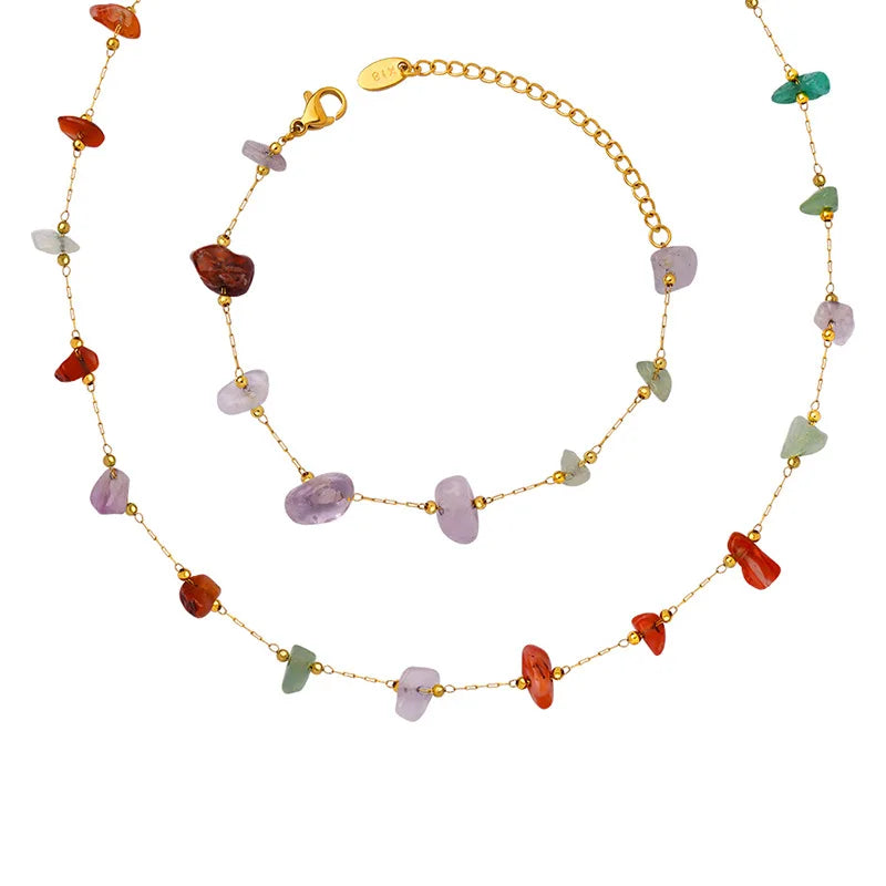 Stainless Steel 18K Gold Plated Chain Colorful Natural Stone Necklace Bracelet Titanium Steel Irregular Natural Stone Necklace