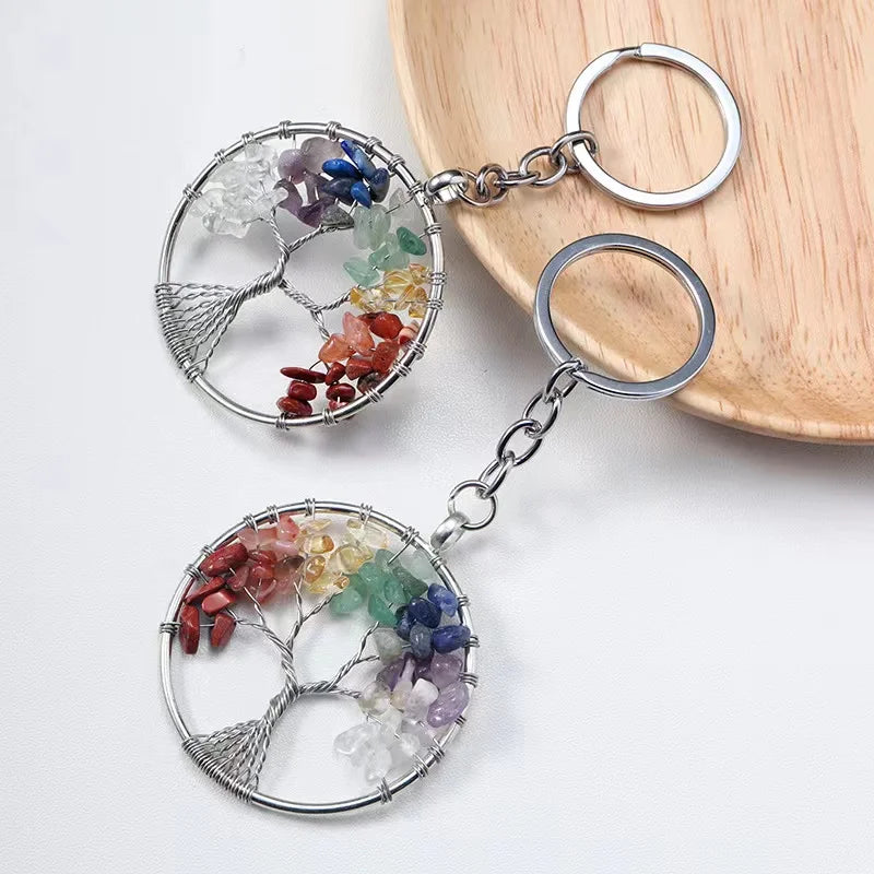 Heart-Shaped Tree of Life Crystal Pendant Chakra Sun Catcher Keychain