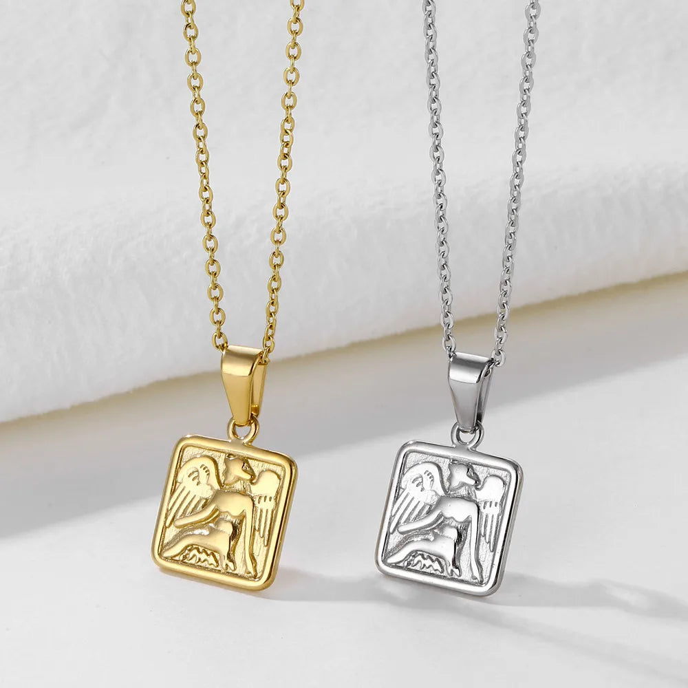 18K Gold square Portrait Necklaces Vintage Carved Medallion Pendant Stainless Steel Women Jewelry