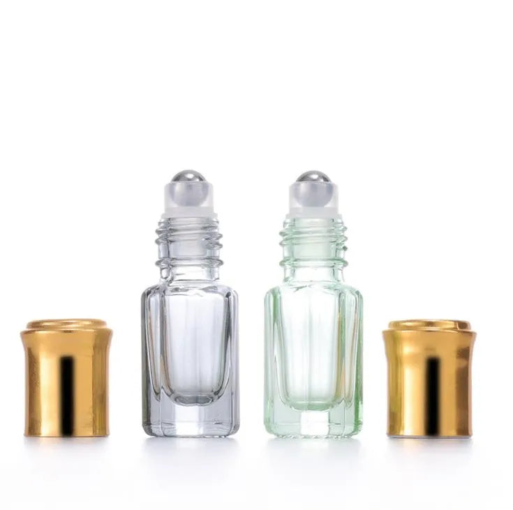 In Stock Colorful 3ml Empty Octagonal Essential Oil Perfume Glass Roll on Bottles With Gold Lid