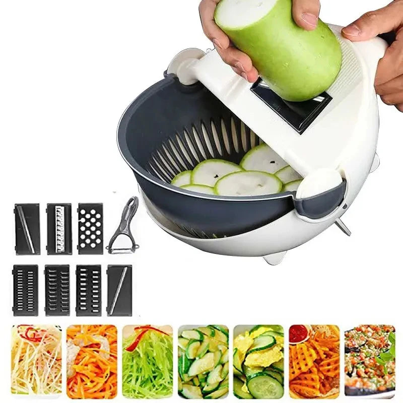 9 in 1 Multi-Function Metal Manual Fruit Slicer and Vegetable Chopper with Drain Basket for Kitchen Use