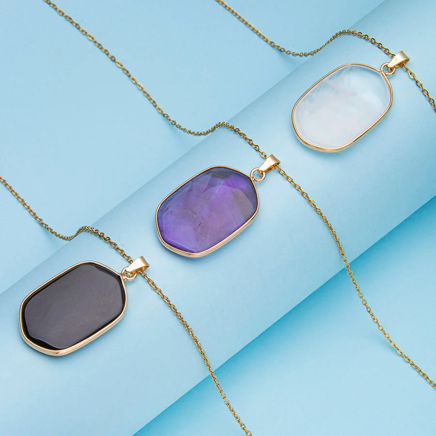 Natural Crystal Stone Rose Quartz Amethyst Geometric Figure Agate Pendant Necklace  Stainless Steel Gold Chain Gemstone Jewelry