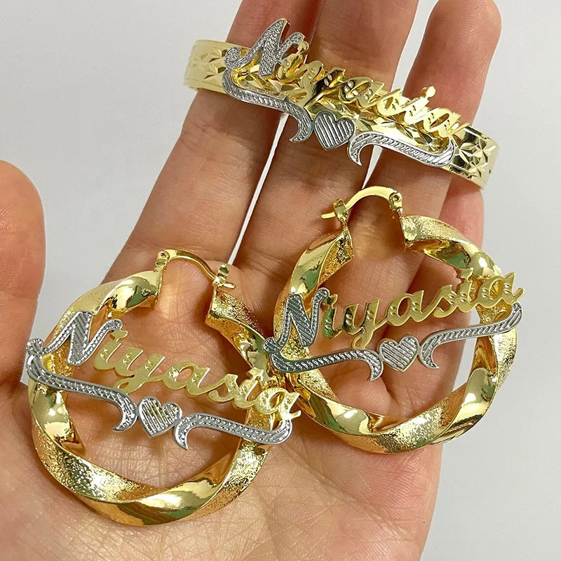 Fashion Drop Shipping Party Wedding Personalized Big Gold Plated Hoop Name XOXO Custom Bamboo Earrings for Girl Women