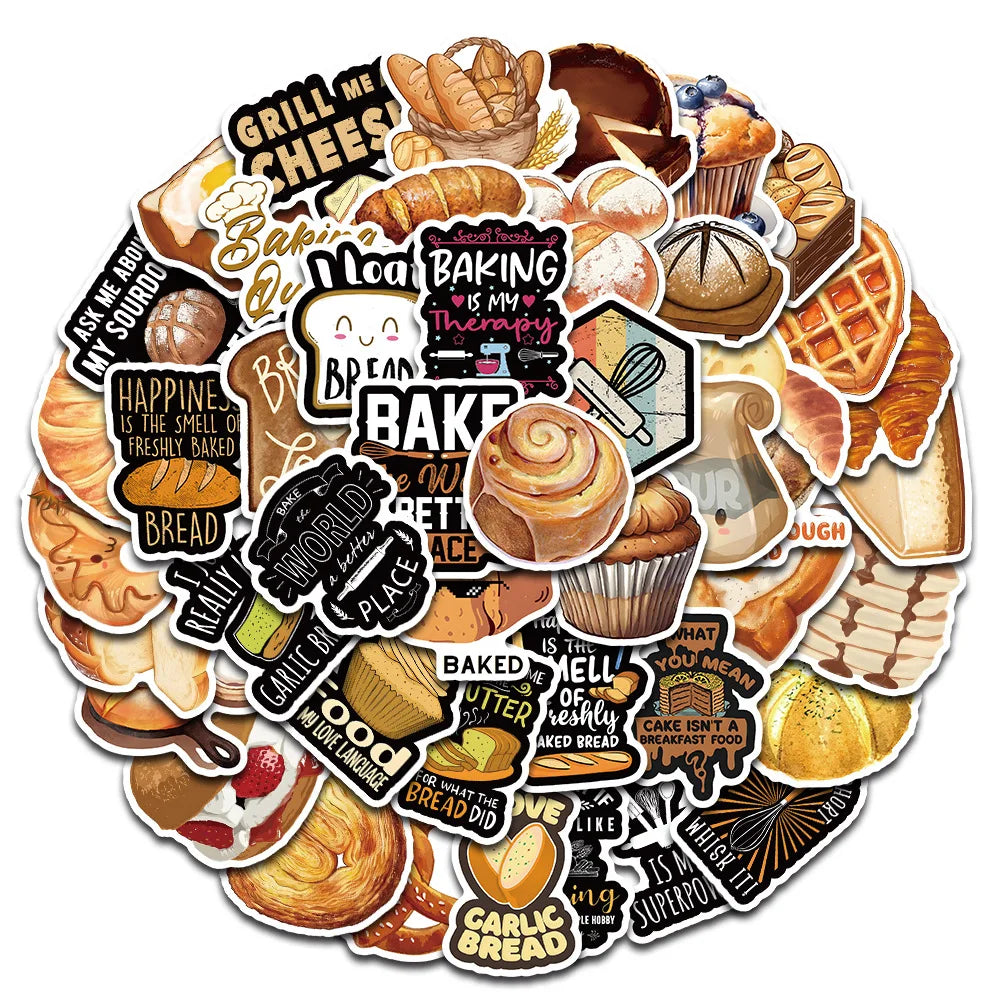 54Pcs Cartoon Baking Food Bread Graffiti Stickers for Wall Table Kitchen Decor Toast Bakery Gift Sticker