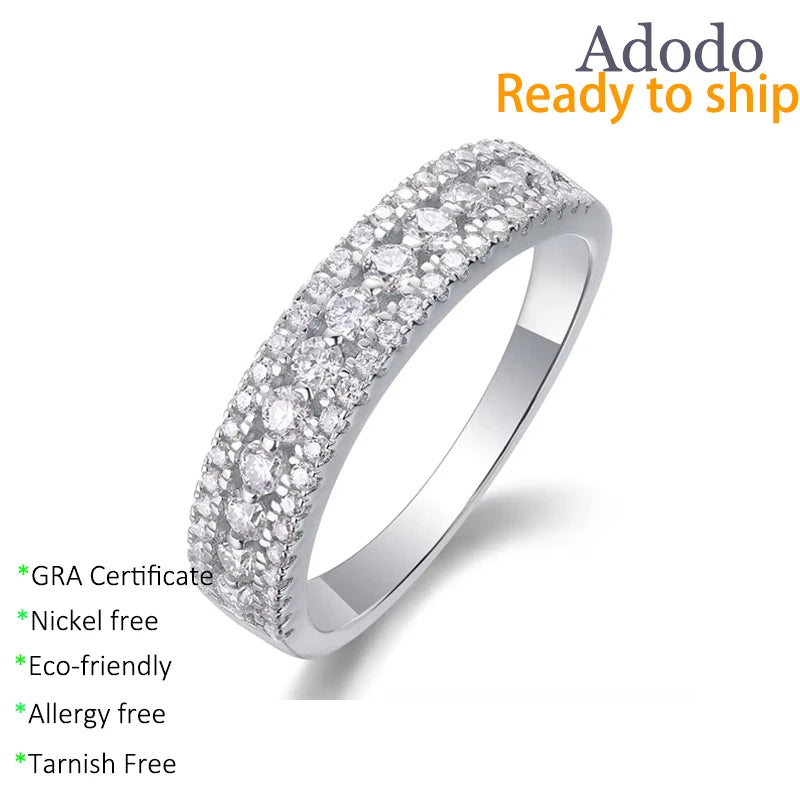Fine Jewelry Round Cut 1MM 1.9MM VVS Moissanite 3 Row Half Eternity Rings S925 Sterling Silver Platinum Plated Dainty for Women