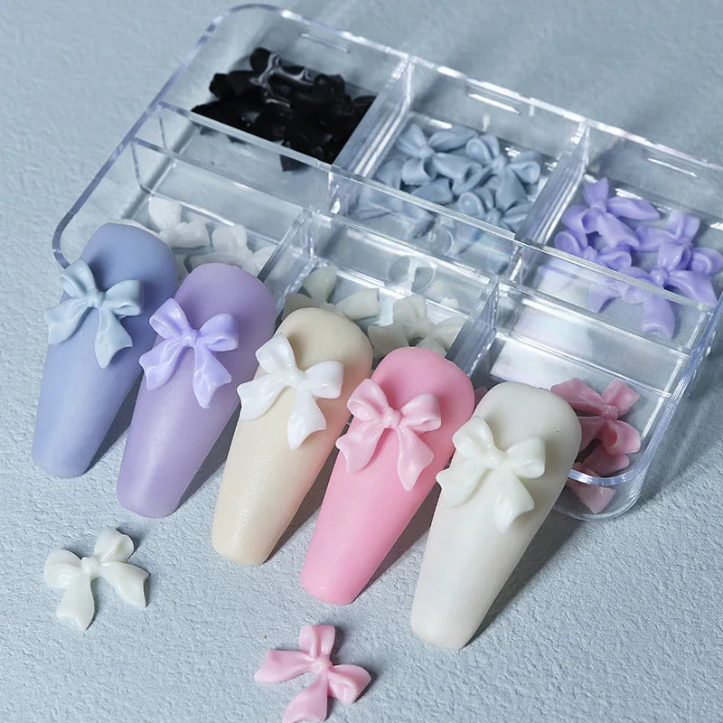 30pcs 6grids 3D Professional Nail Art Stones Pure Multicolor Sweet Style Black Ribbon Bow Resin Plastic Wholesale