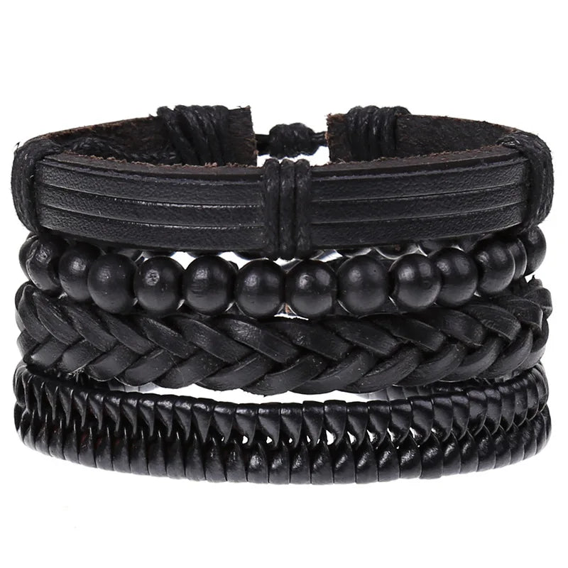 Retro Woven Combination PU Leather and Beaded Bracelet Set for Men