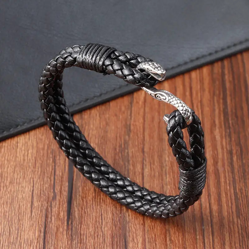 Luxury Vintage Snake Head Design Genuine Woven Leather Stainless Steel Bangle Bracelets for Men Women Jewelry OT-202