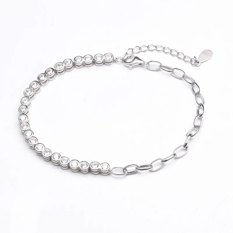 Fashion Classic Bezel Setting Round Zircon Link Chain Bracelet 925 Sterling Silver Women Gift Party Tennis Bracelet