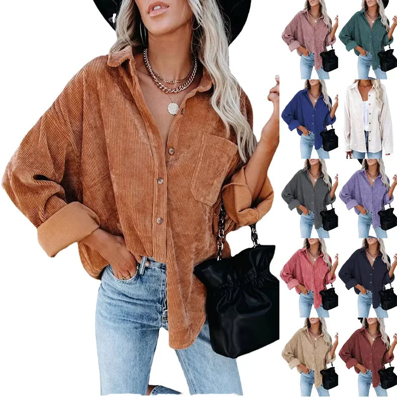 Factory Supply Women's Vibrant Corduroy  Shirt Long Sleeves Button-Down Collar Solid Color  Blouses Spring