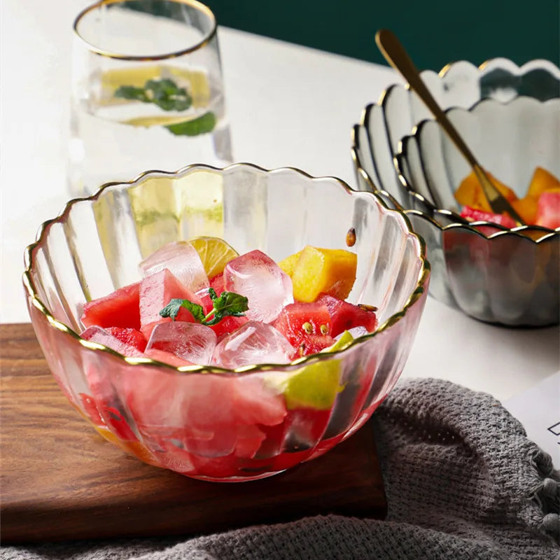 2022 New Gold Rim Petal Shaped Glass Salad Bowl Set