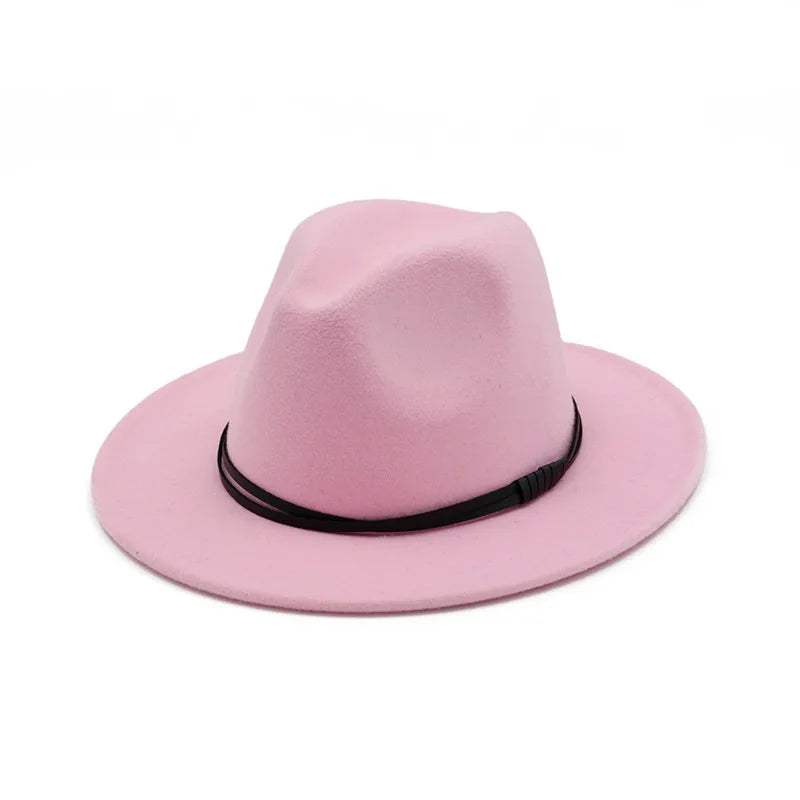 X3085 Womens Classic Wide Brim Floppy Wool Fedora Hat Jazz Caps Adjust with Belt Buckle for Formal Top Hat Styles