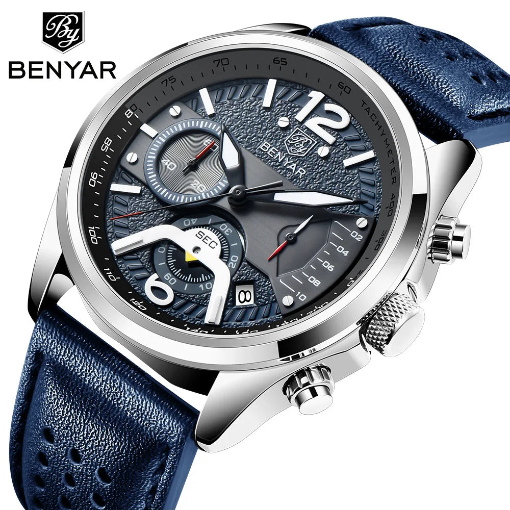Benyar BY-5171 Design Top Brand Men Quartz Watches Men's Leather Watch High-end Leather Watch Sport Chronograph Reloj