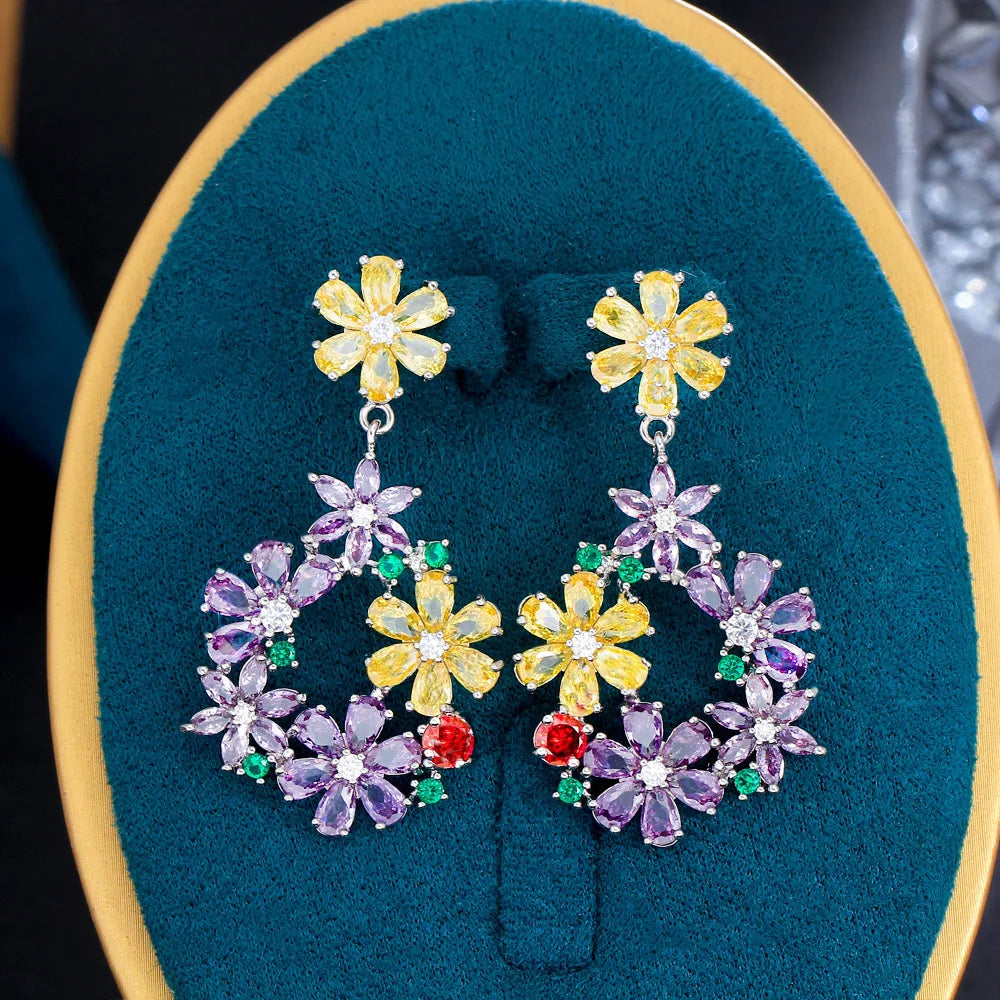Multicolor Cubic Zirconia Stone Cluster Flower Shaped Big Long Dangle Earrings for Women Evening Party Dress Jewelry Gifts