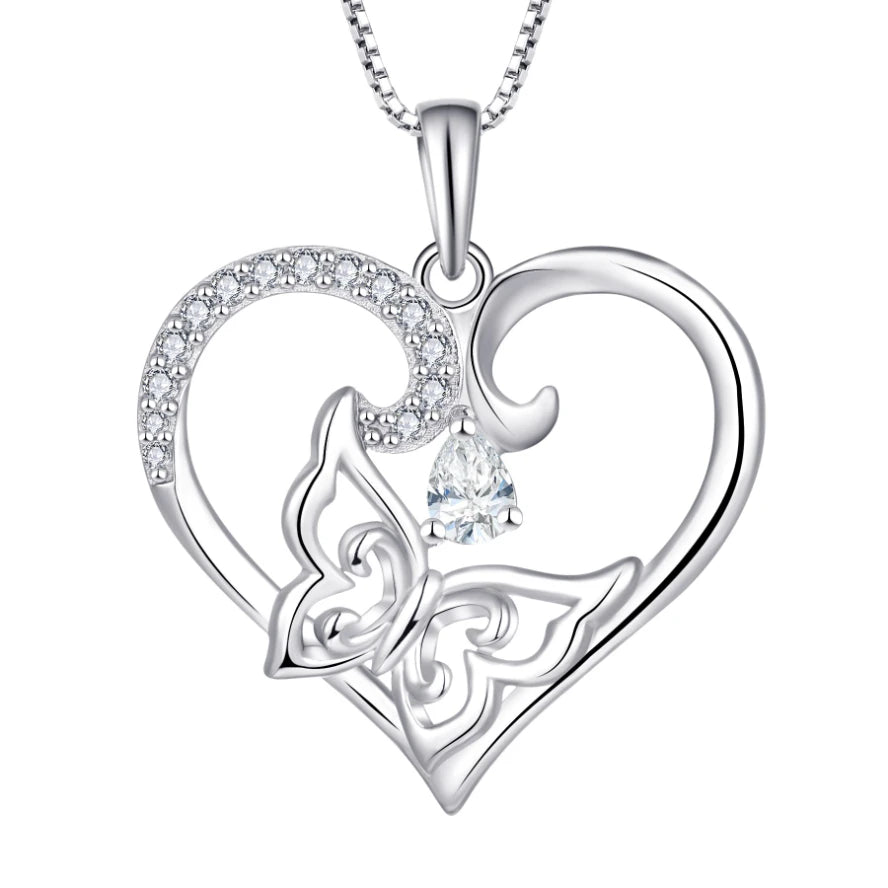 Heart Butterfly Pendant Necklace Fine Jewelry S925 Sterling Silver Heart Cubic Zirconia Necklace Wholesale