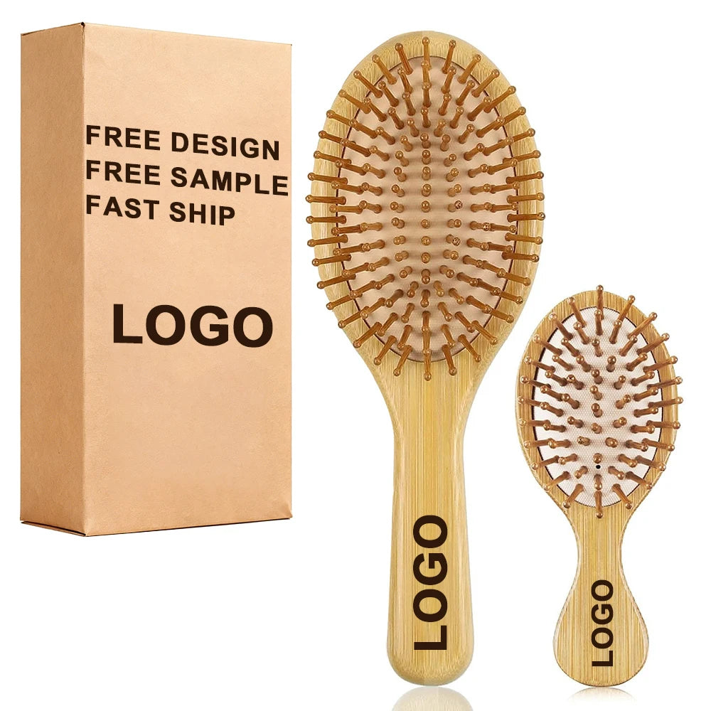 Custom Logo Natural Bamboo Hair Brush Detangling Wooden Hair Brush Air Cushion Comb With Bamboo Bristle for Women Men Kids