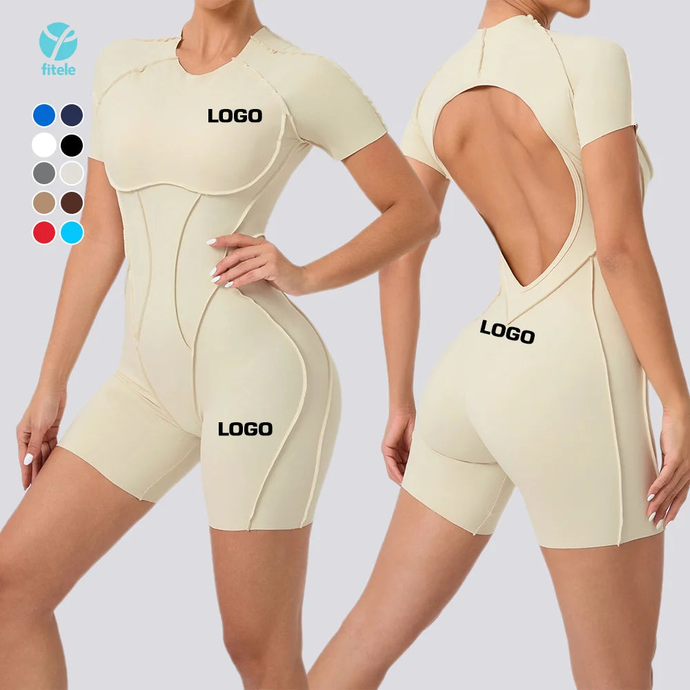 Breathable Open Back Design Sleek Shorts Catsuit Contoured Seams Sports Women Yoga Jumpsuit