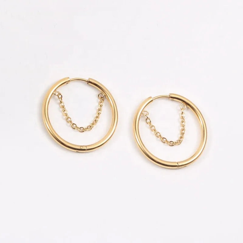 Women Stylish Stainless Steel Jewelry 18k Gold PVD Plating Thin Chain Link Hoop Earrings