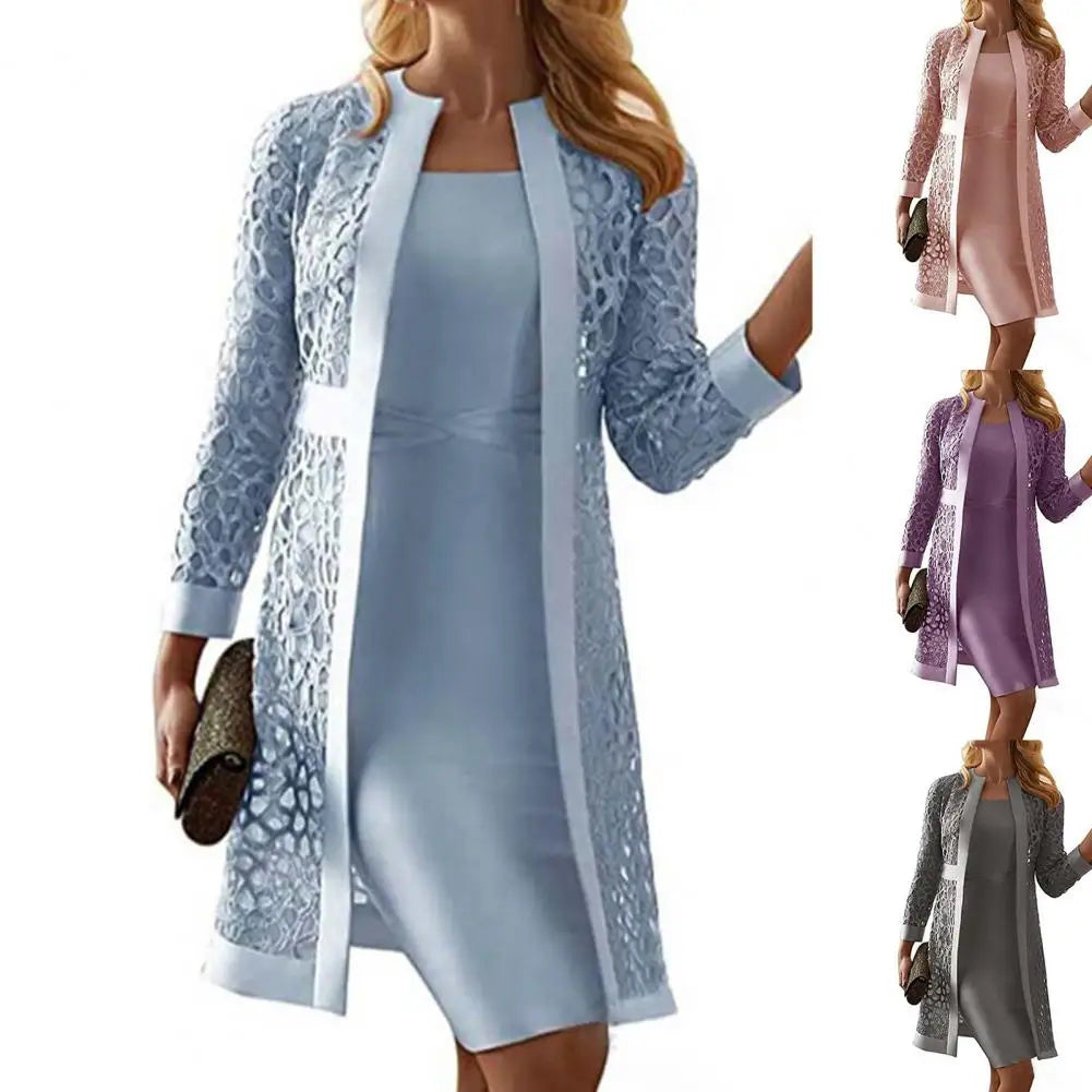 Col dker Casual Women Dress Plus Size Solid Lace Cardigan Long Sleeve Knee-length Fashion Slim  Set Vestidos De Quinceaneras