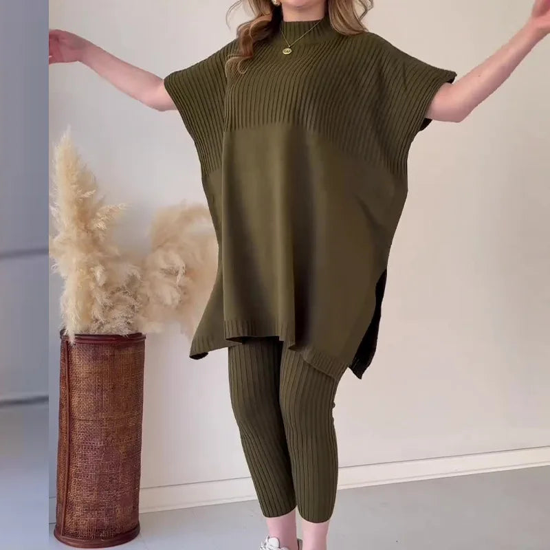 Boutique Wholesale 2026 Autumn New Fashion Round Neck Bat Bat Shirt Large Loose Knitted Shirt Casual Pants Women's Set