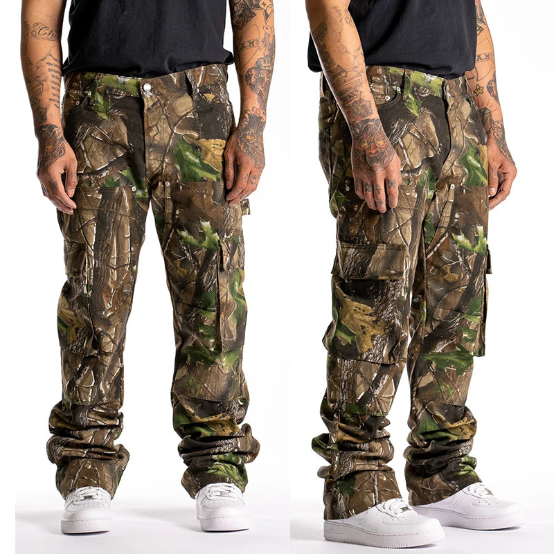 Custom Tech Pants Work Pants Multi Pocket Double Knee Twill Wide Leg Stacked Realtree Camo Cargo Pants Men