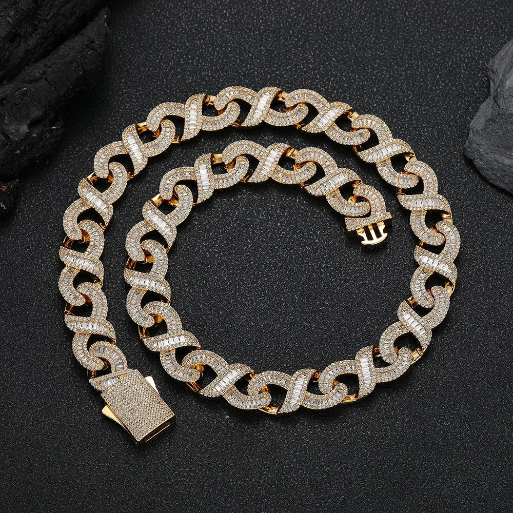 NUOYA 15MM Miami Cuban Link Chain Necklace Women Iced Baguetter Diamond Infinite Sign Gold Plated Mixed Inlaid Zircon Cuban