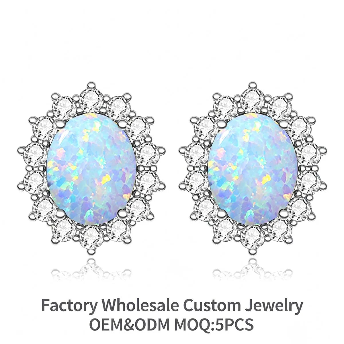 Princess Diana Style Rhodium Plated 925 Silver Opal Stud Earrings Birthstone Women's Anniversary Gift Cocktail Party Accessory