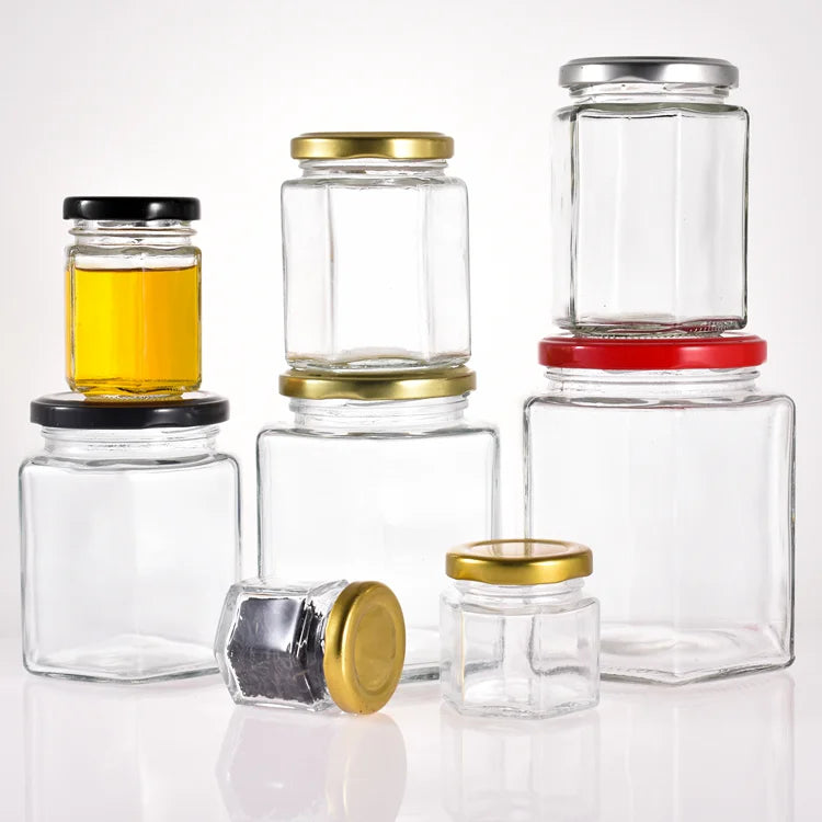 Wholesale Mini Jam Jar 30ml 1oz Vial Hexagon Glass Bee Honey Jars with Golden Screw Metal Lids