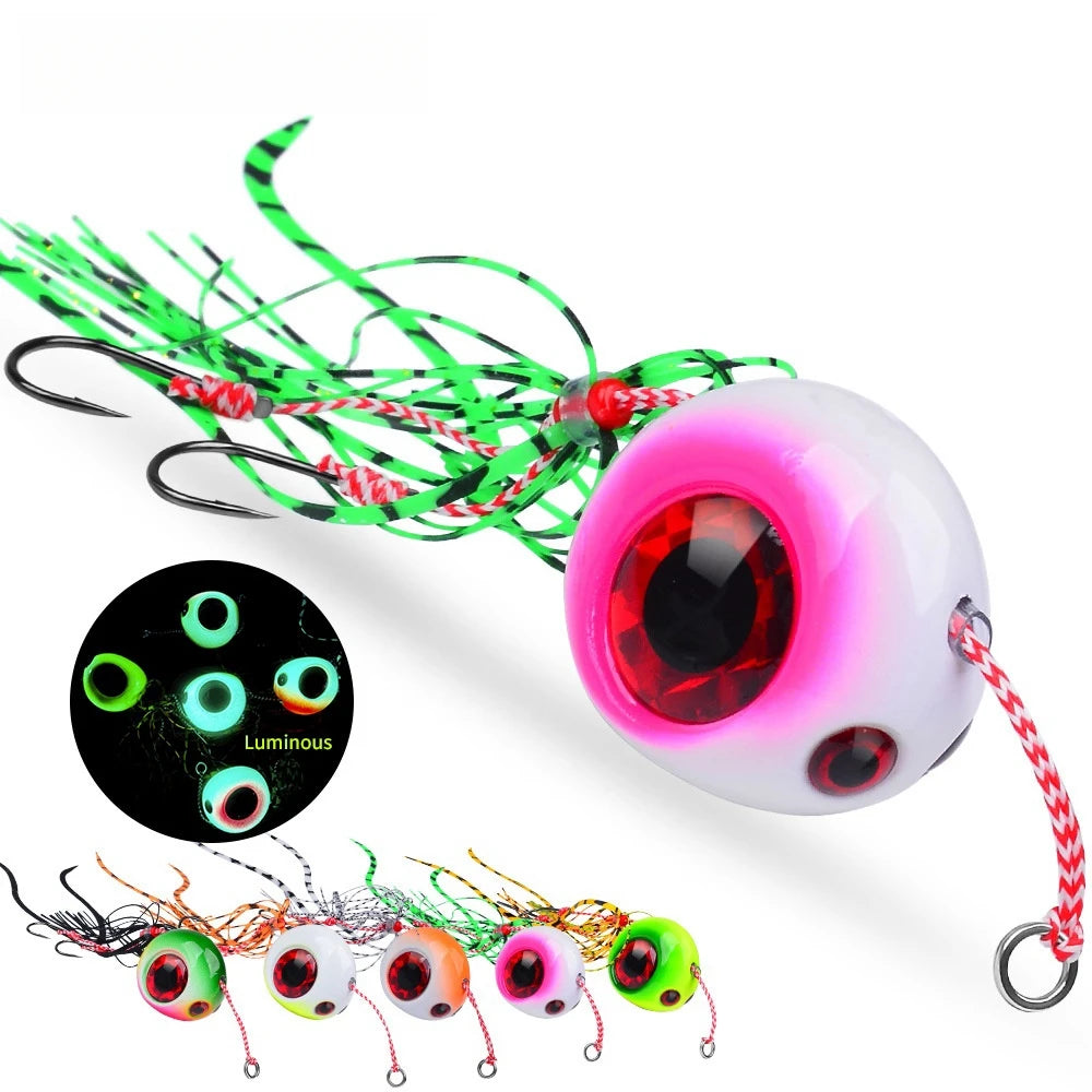 60g-120g Luminous Glow Lead Jigging Lure Plastic Metal Slow Jig Head with Rubber Skirts and Assist Hooks for Sea Fishing Bass