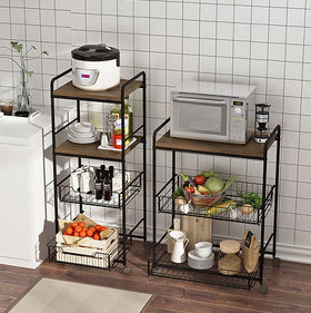 Multifunctional Three-Layer Foldable Standing Kitchen Storage Rack with Metal Drawer Basket