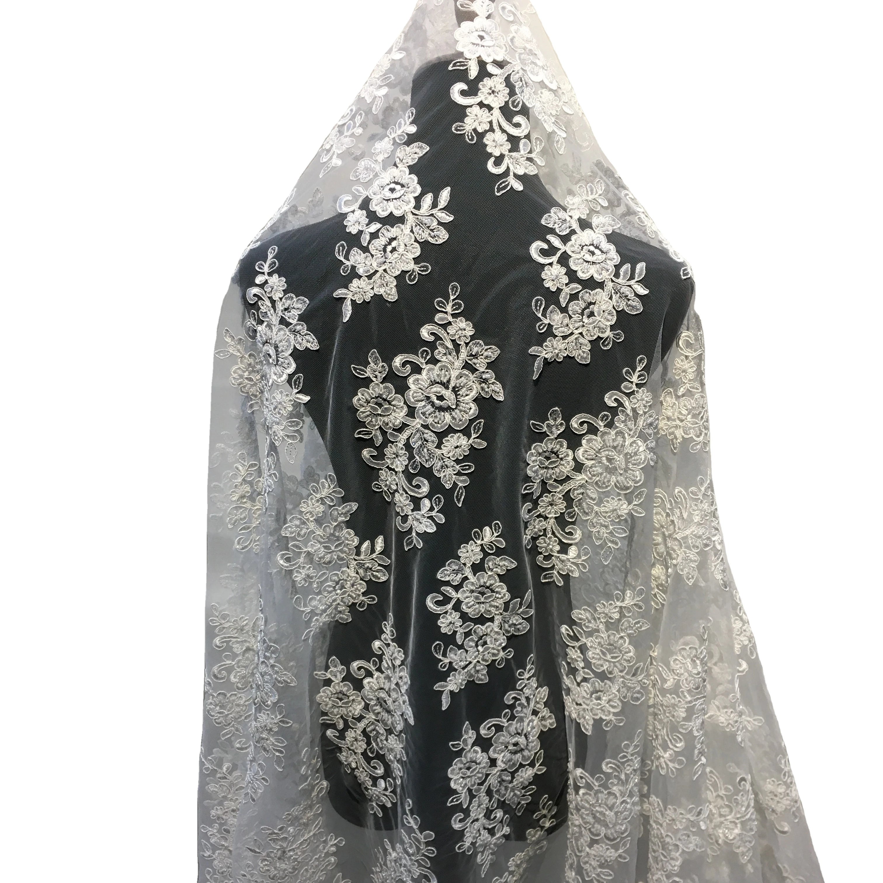 Classic 3D Floral White French Embroidery Milk Silk Lace Fabric Heavy Beaded Lace Fabric for European Wedding Dress