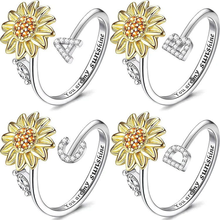 G1424 Wholesale Rotating Spinner Ring Open Adjustable CZ Cubic Zirconia Letter Initials Fidget Spinning Sunflower Rings