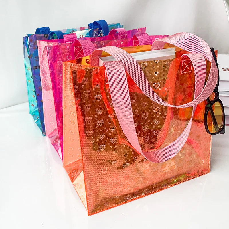 Customized Shopping Bags PVC Durable Transparent Holographic Laser Washable Clear Tote Bag for Music Festival