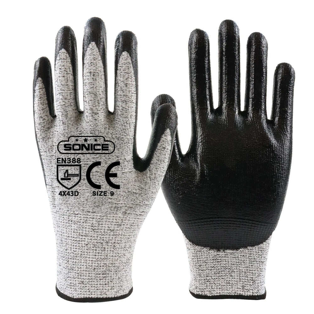SONICE Manufacturer Construction Protective Nitrile HPPE ANSI/ISEA Cut Level 5 EN388 Certified CE Dipped Flexible Palm Gloves