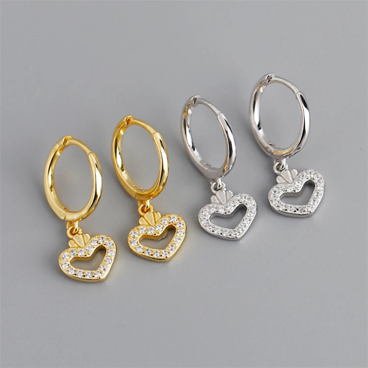 New Luxury Hollow Love Heart Zircon Hoop Earrings 18k Gold 925 Sterling Silver Fashion Hoop Earring