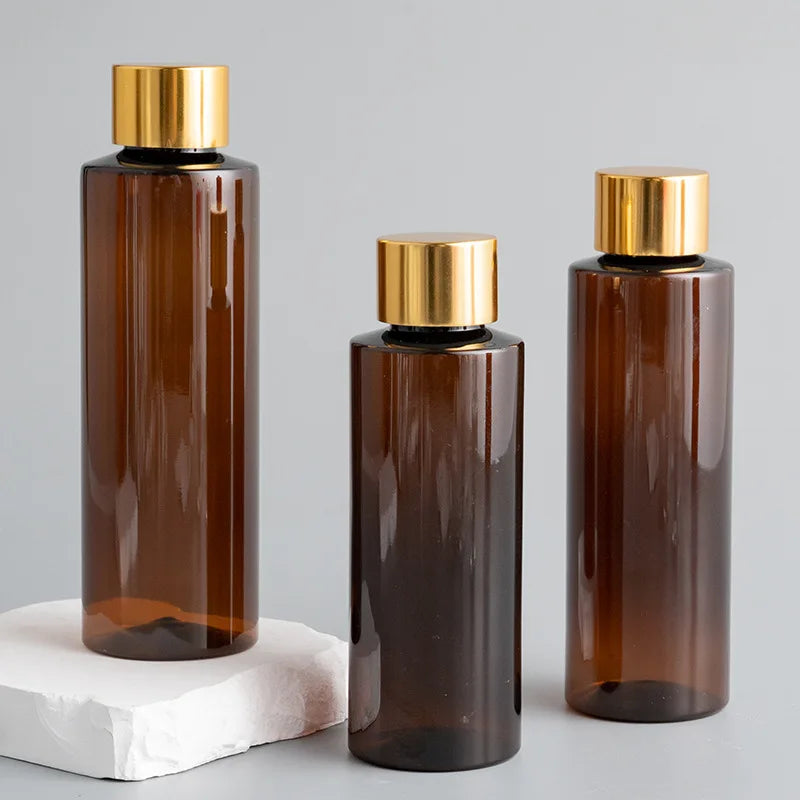 Hot Sale 100ml-300ml Amber PET Plastic Luxury Shampoo Bottles with Electroplate Cap Screen Printing for Skin Care Serum & Lotion