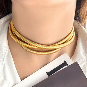 NS1295 Wide Layered Tri-color Gold Plated Stainless Steel Triple Flat Snake Belly Herringbone Necklace Chain for Women