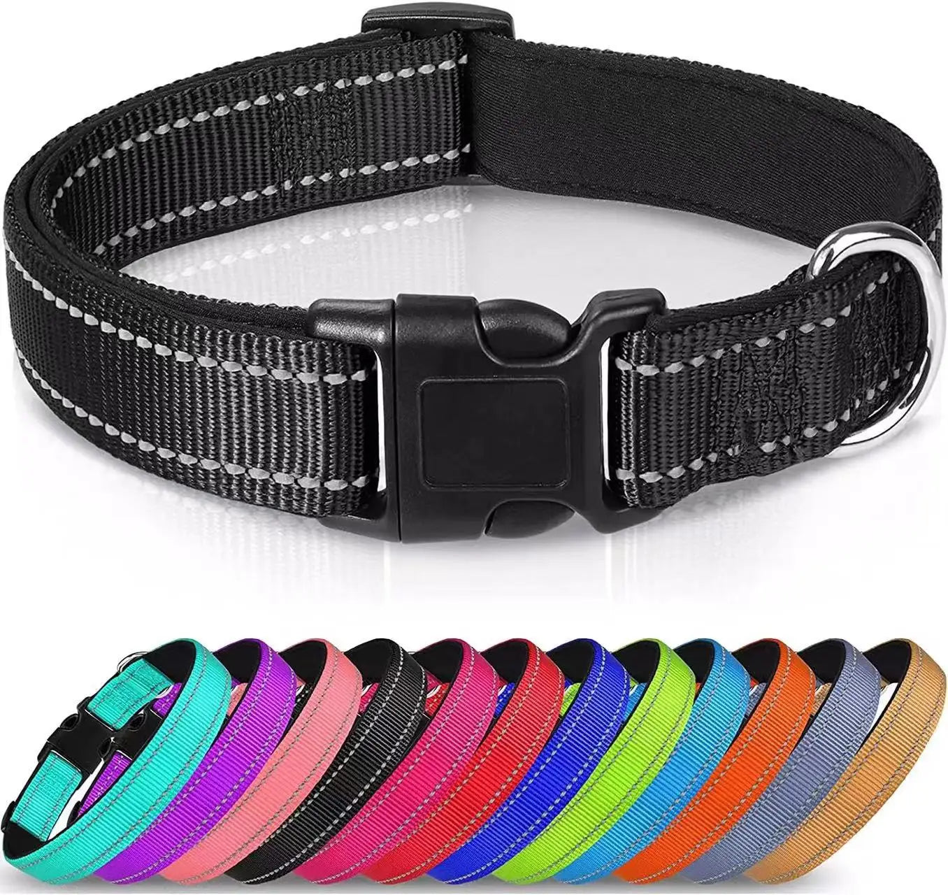 Custom Reflective Dog Collar 12 Colors Soft Neoprene Padded Breathable Nylon Pet Collar Adjustable for Small Medium Large Dogs