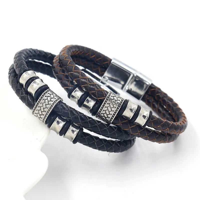 Men Jewelry Punk Style Vintage Braided Genuine Leather Bracelet Alloy Beaded Creative Bracelets Bangles