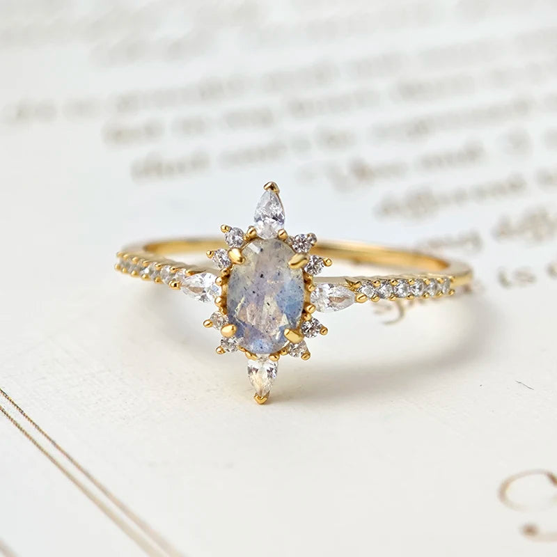 Natural Labradorite Ring for Women Gemstone Star Ring 925 Sterling Silver Gold Vermeil Jewelry Wedding Engagement Ring