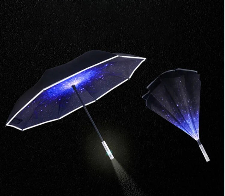 Manual Open Waterproof Sun Rain Reverse Umbrella Led Luminous Windproof Led Flashlight Handle Straight Umbrella Reflective