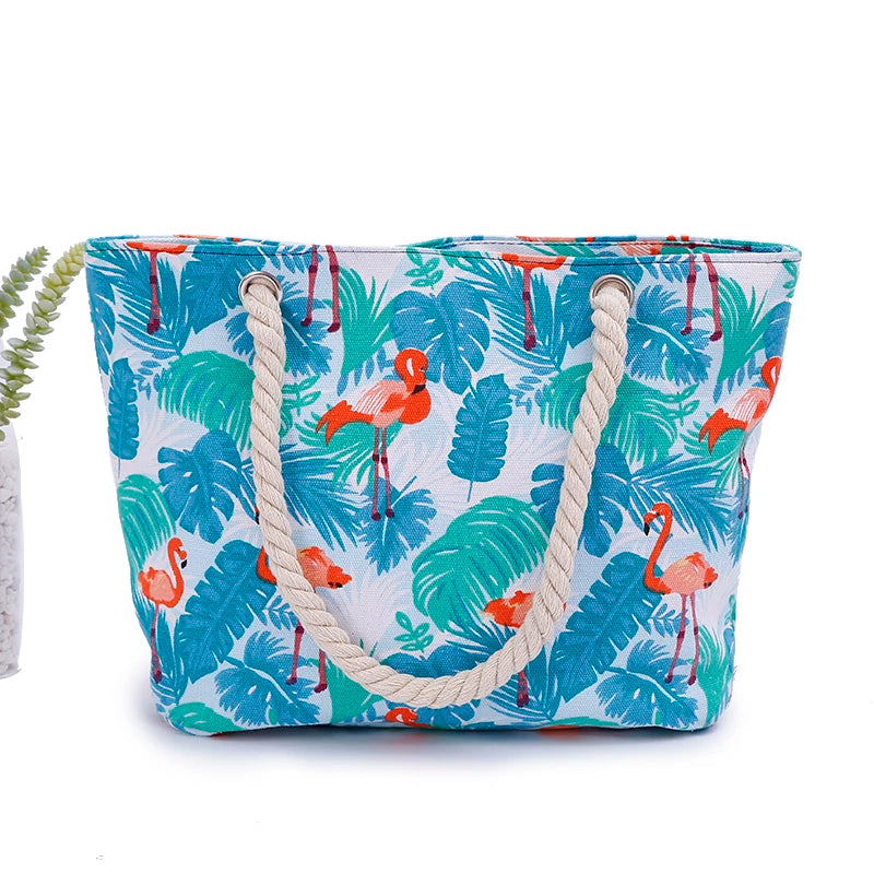 Wholesale Custom Print Colorful Flamingo Casual Bag Canvas Beach Bags for Woman Female Single Shoulder Bag Beach Tote