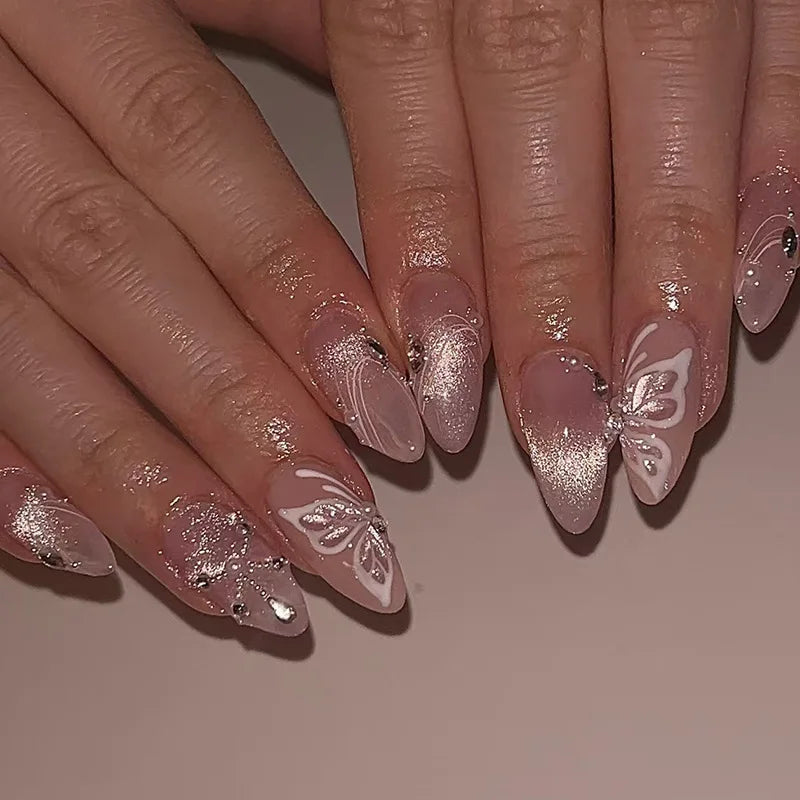 Stick on Acrylic Artificial False Nails Almond Silver Powder Fake Nails Butterfly Press on Nails