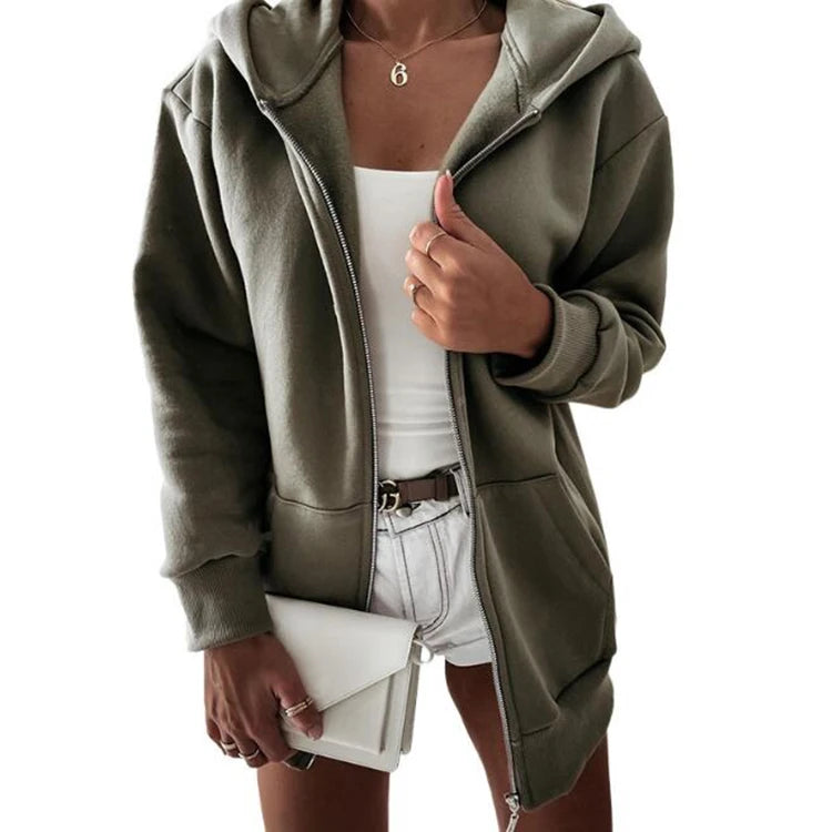 Fashionable Women Long Zipper Hoodies Spring Hoody Sportswear Solid Long Sleeve Cardigan Fleece Hoodies for Women