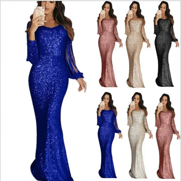 Ladies Apricot Fringe Long Sleeve Party Evening Dress Clothing