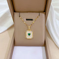 Fashion Gold Plated Stainless Steel Crystal Diamond Square Shell Green Heart Pendant Necklace for Women Girls Wedding Jewelry