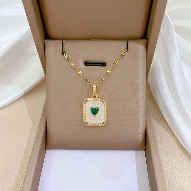 Fashion Gold Plated Stainless Steel Crystal Diamond Square Shell Green Heart Pendant Necklace for Women Girls Wedding Jewelry